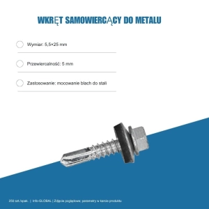 Wkręt samowiercący do metalu 5,5x25 mm, przewiercalność 5 mm, EPDM, 250 szt. – ocynk bez lakieru